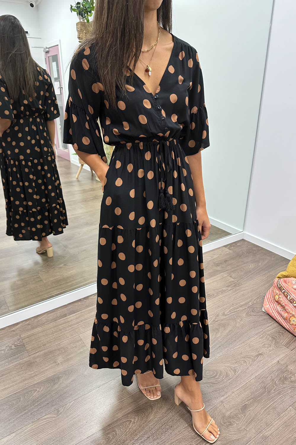 Black Spot Wide Sleeve Drawstring Waist Dress