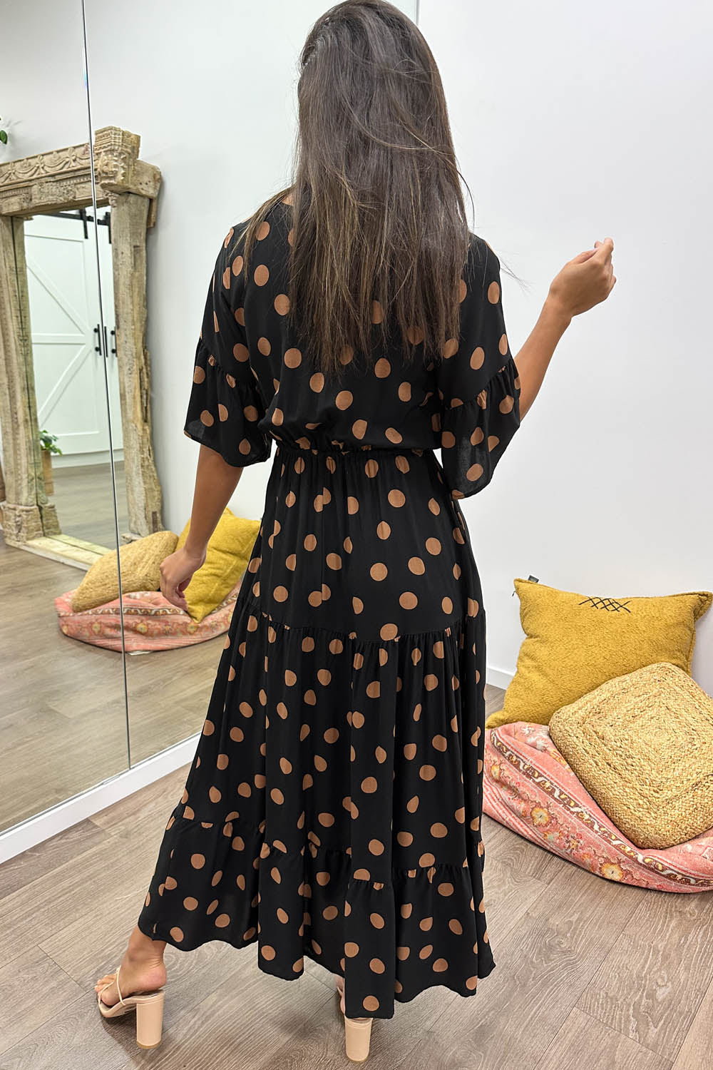 Black Spot Wide Sleeve Drawstring Waist Dress