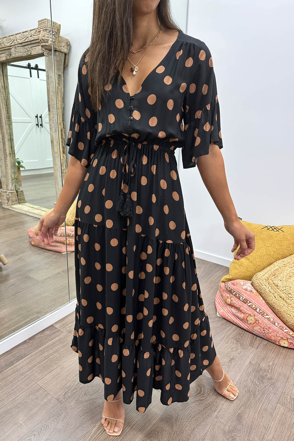 Black Spot Wide Sleeve Drawstring Waist Dress