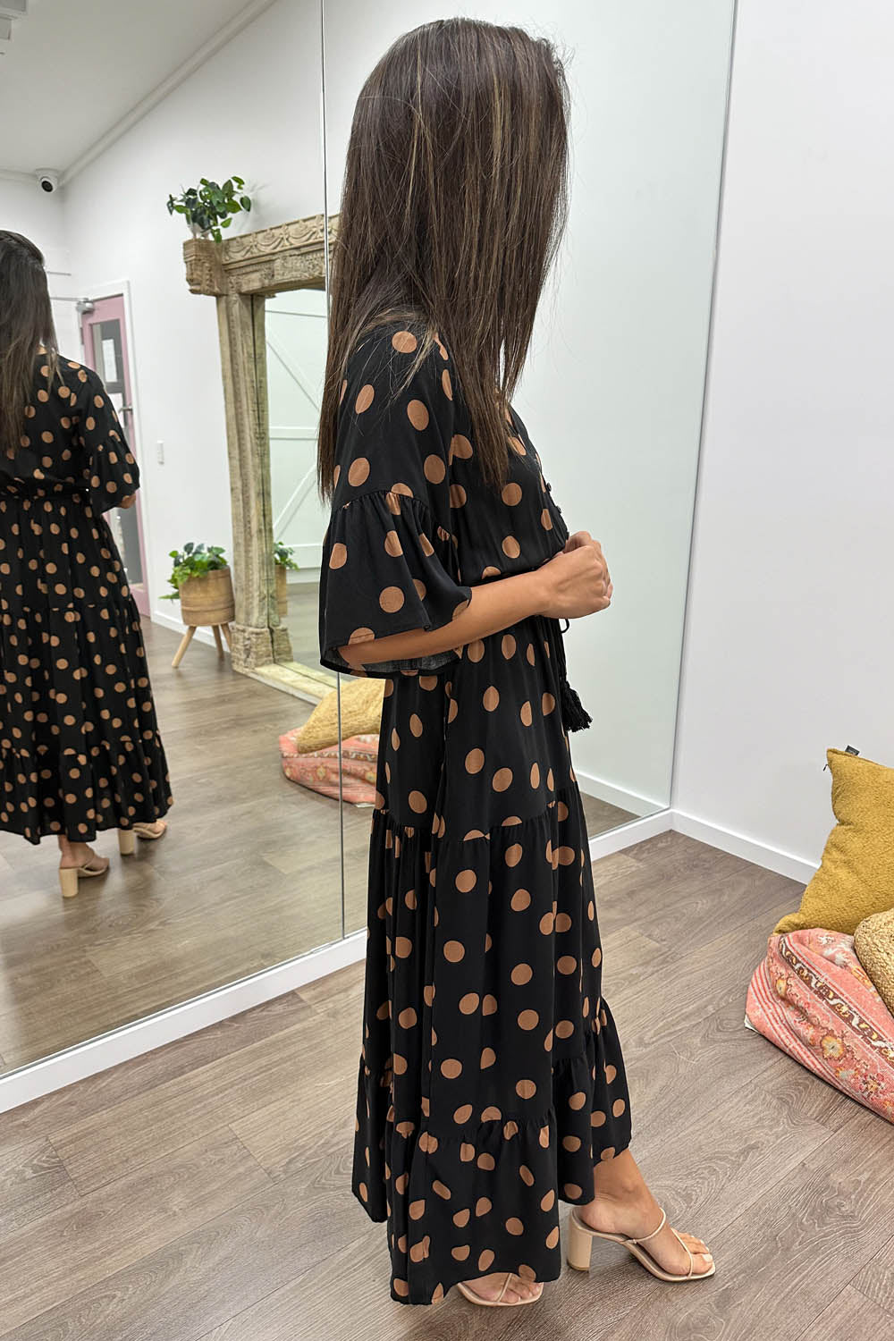 Black Spot Wide Sleeve Drawstring Waist Dress