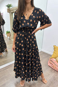 Black Spot Wide Sleeve Drawstring Waist Dress