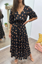 Black Spot Wide Sleeve Drawstring Waist Dress