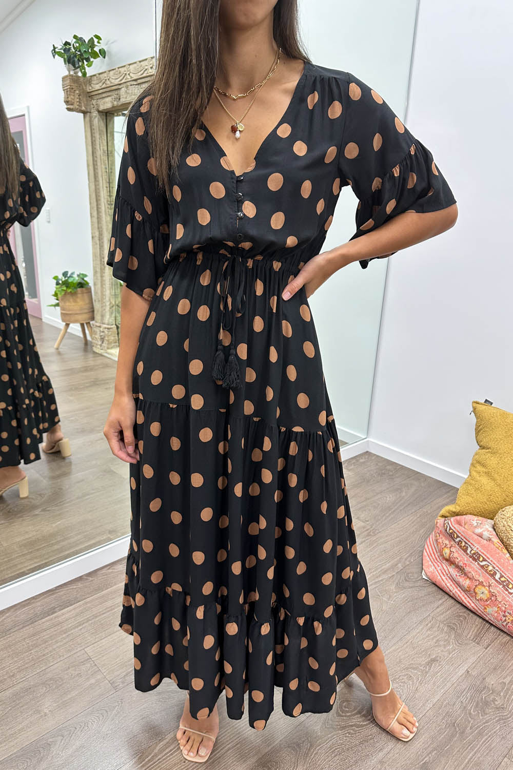 Black Spot Wide Sleeve Drawstring Waist Dress