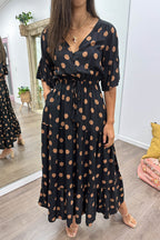 Black Spot Wide Sleeve Drawstring Waist Dress