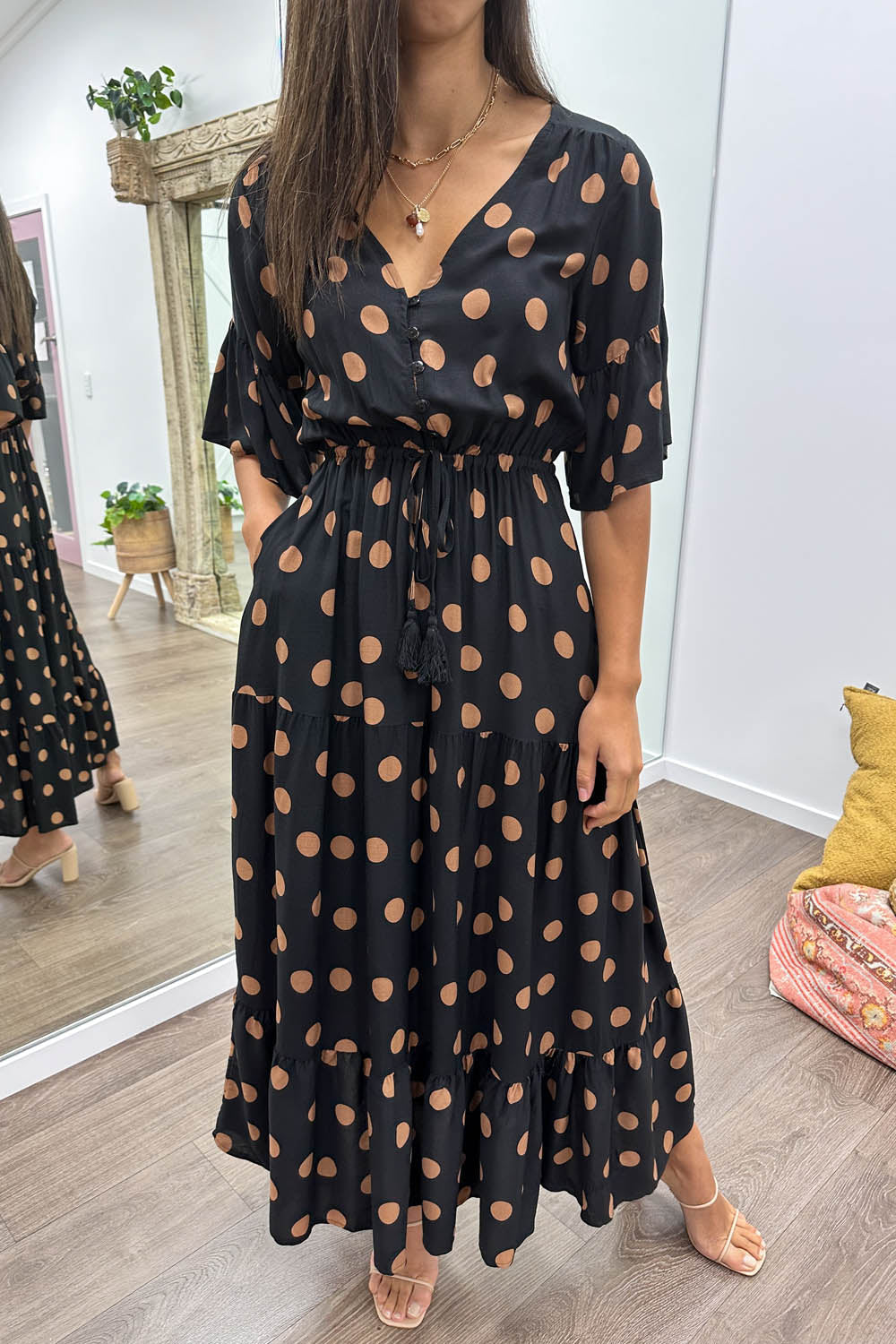 Black Spot Wide Sleeve Drawstring Waist Dress