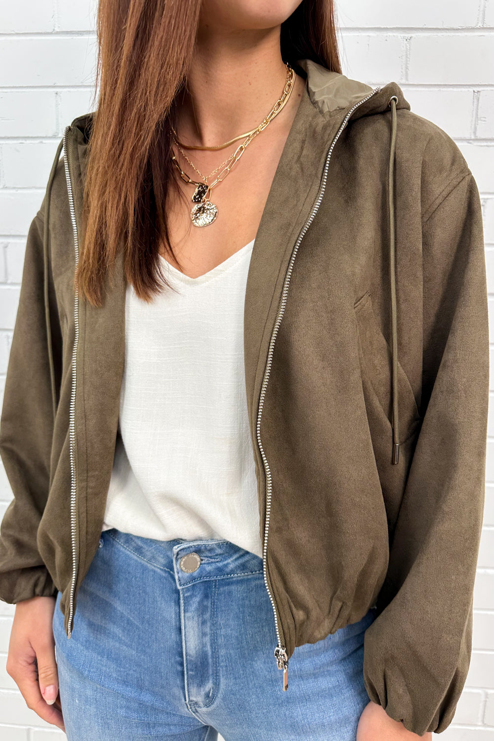 Khaki Cropped Hooded Bomber Jacket Cool Flattering