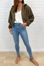 Khaki Cropped Hooded Bomber Jacket Cool Flattering