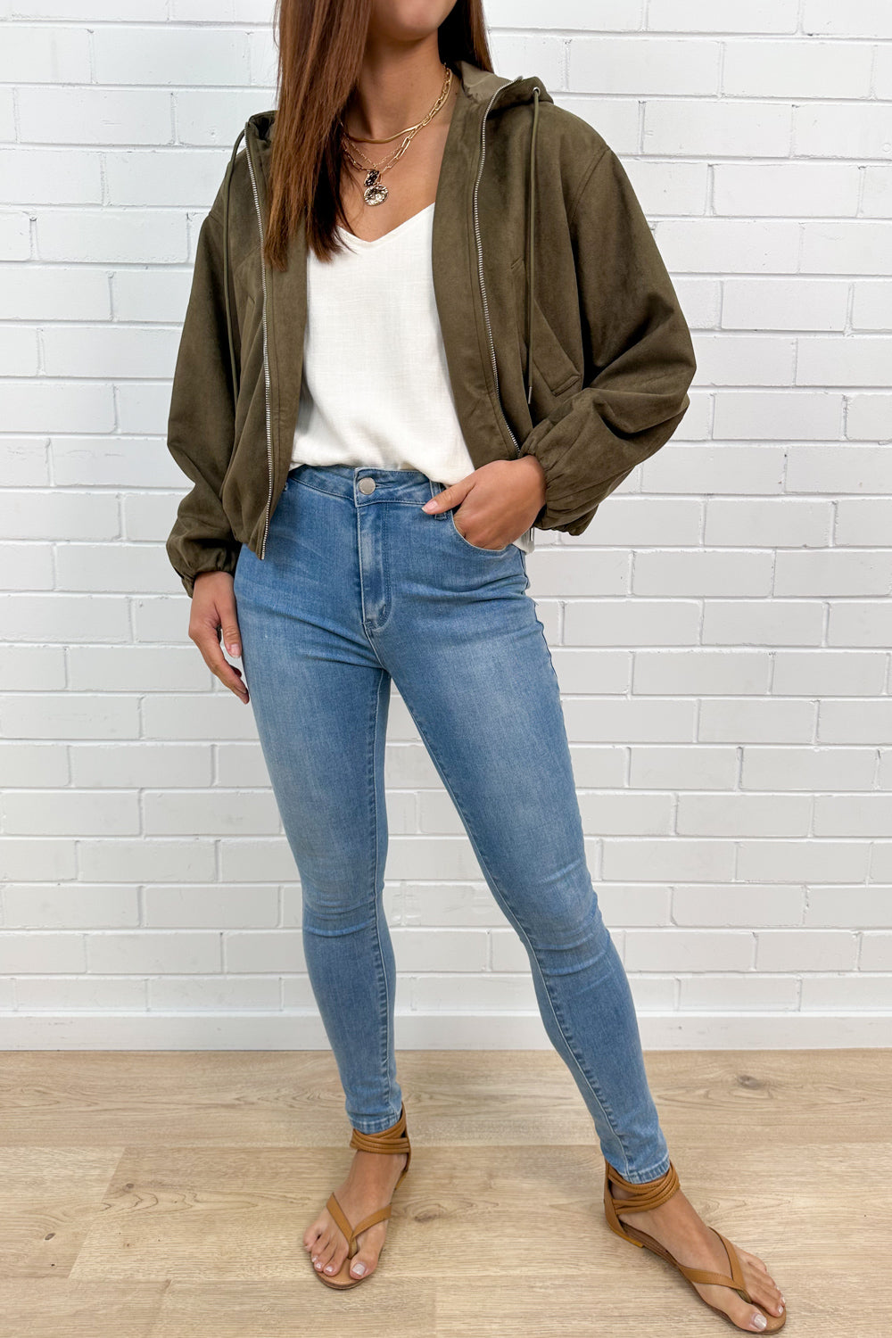 Khaki Cropped Hooded Bomber Jacket Cool Flattering