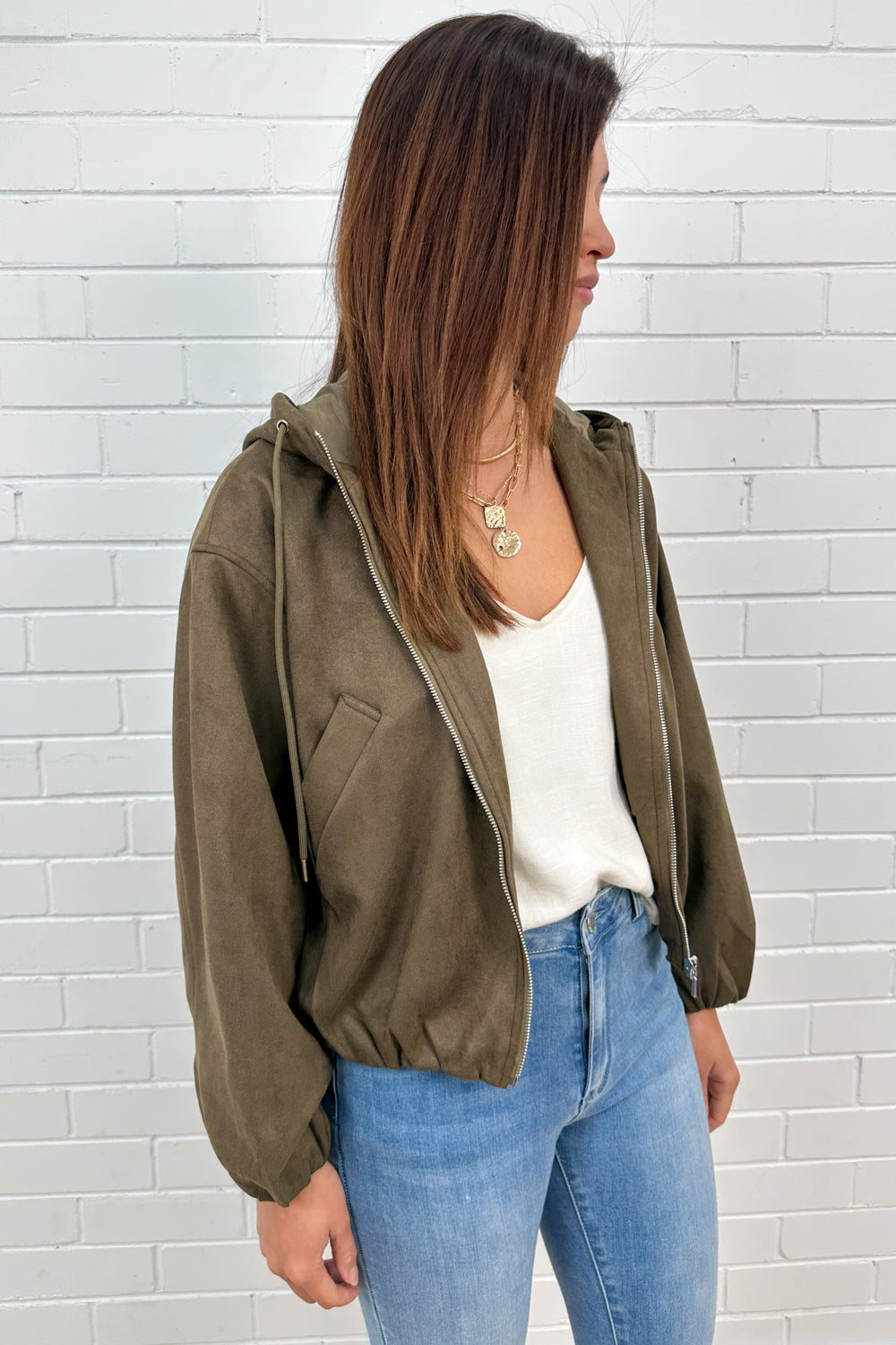 Khaki Cropped Hooded Bomber Jacket Cool Flattering