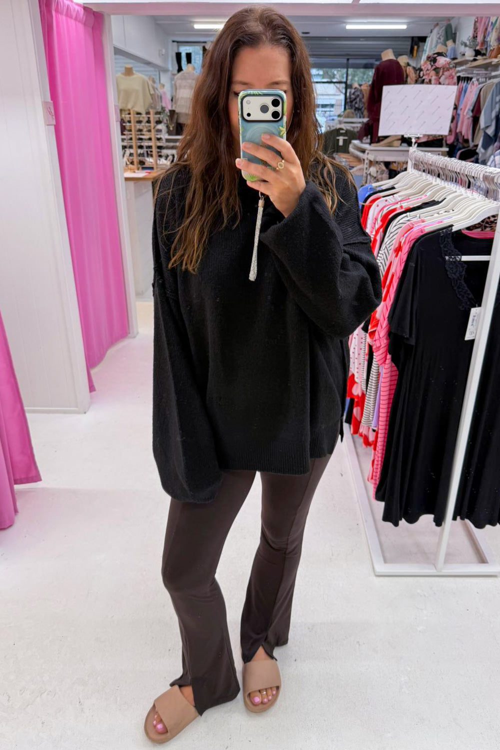 Oversized Soft Stretchy Knit Top Black Grey