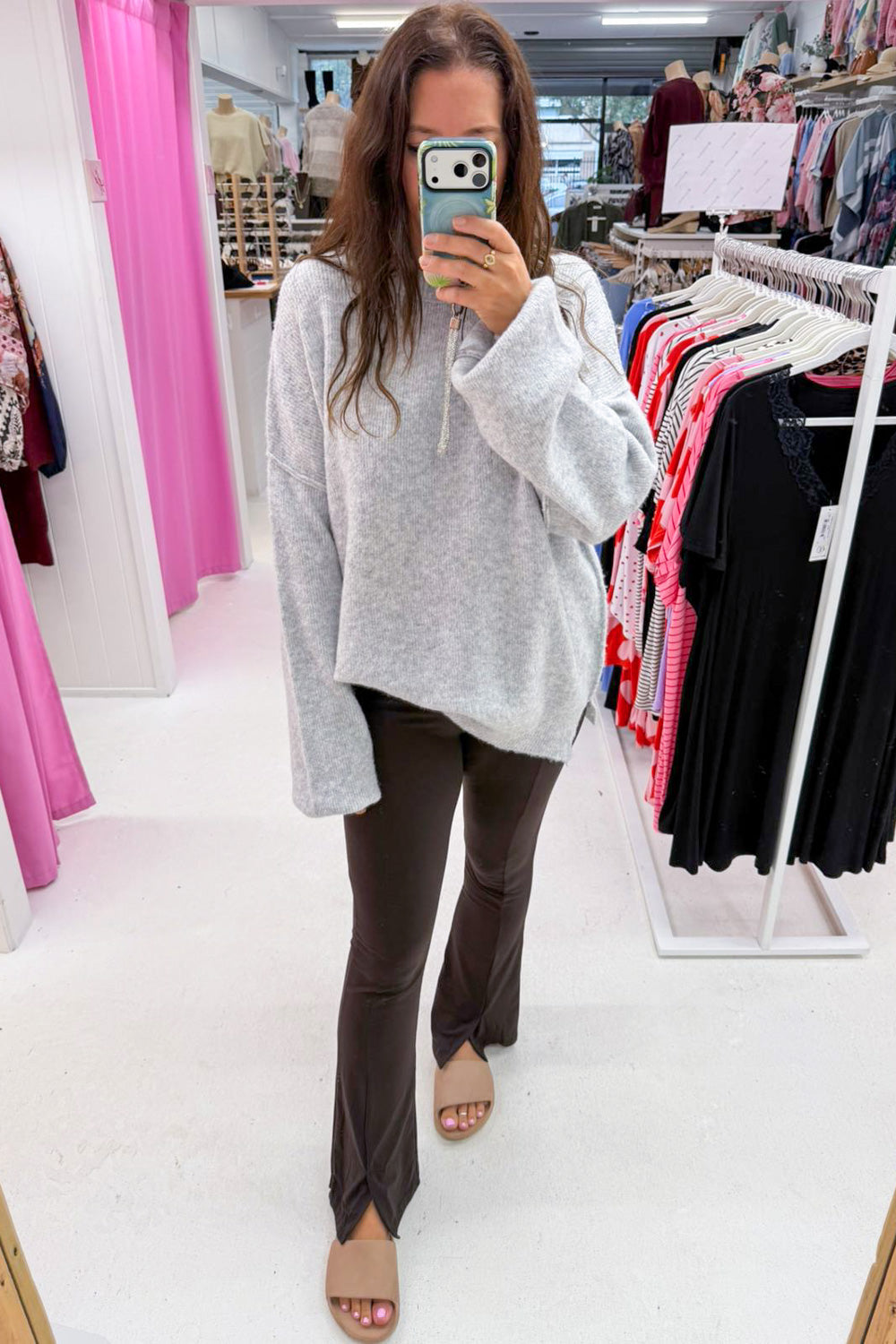 Oversized Soft Stretchy Knit Top Black Grey