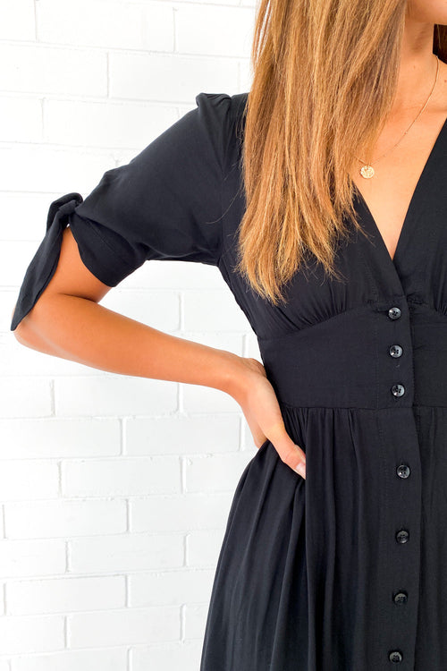 Black Empire Line Midi Dress Flattering Neckline