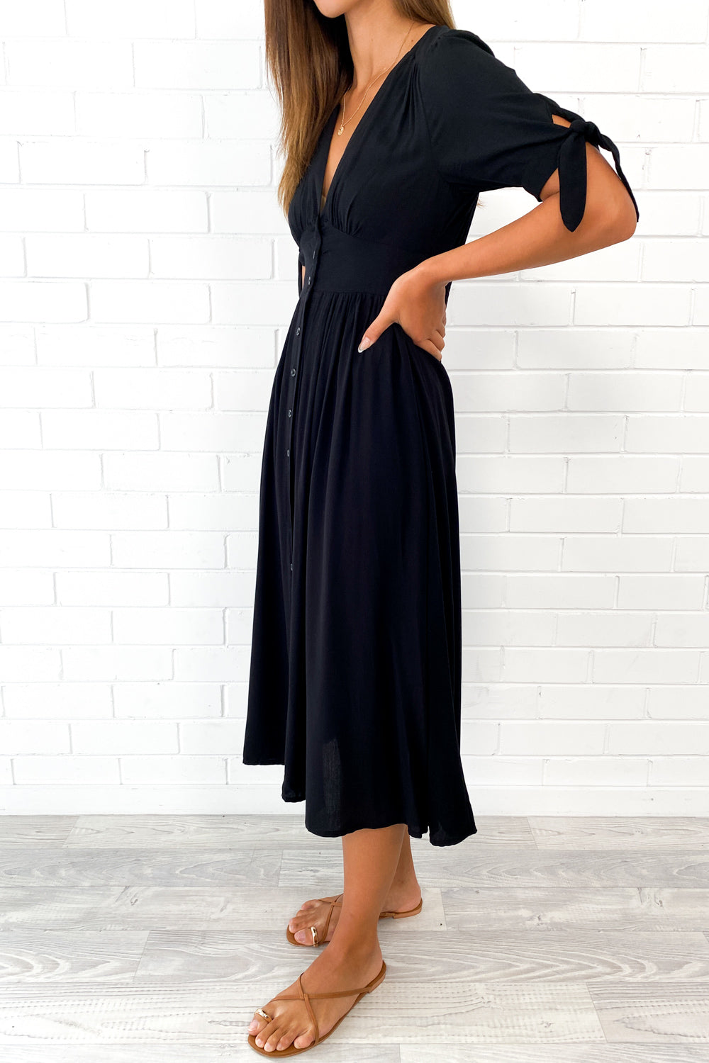 Black Empire Line Midi Dress Flattering Neckline