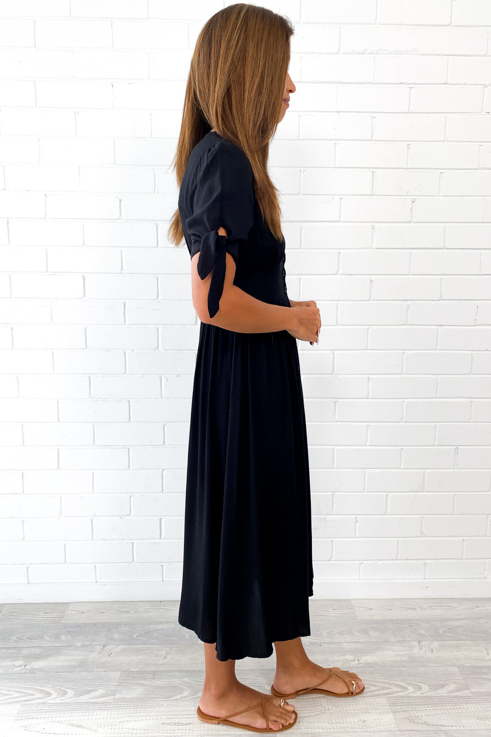 Black Empire Line Midi Dress Flattering Neckline