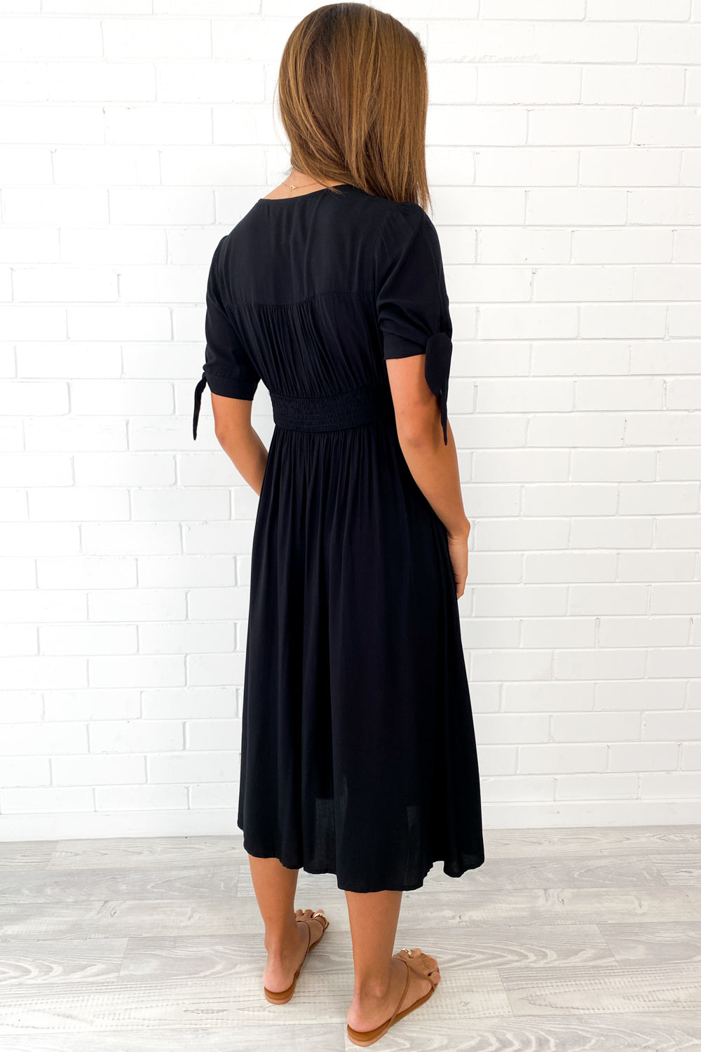 Black Empire Line Midi Dress Flattering Neckline