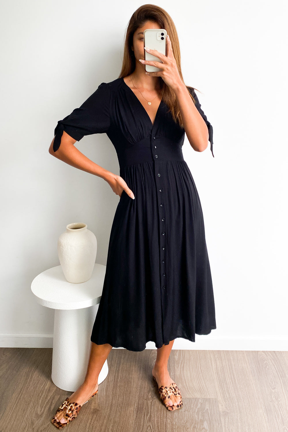 Black Empire Line Midi Dress Flattering Neckline