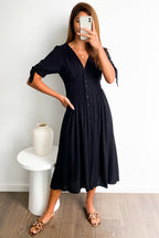 Black Empire Line Midi Dress Flattering Neckline