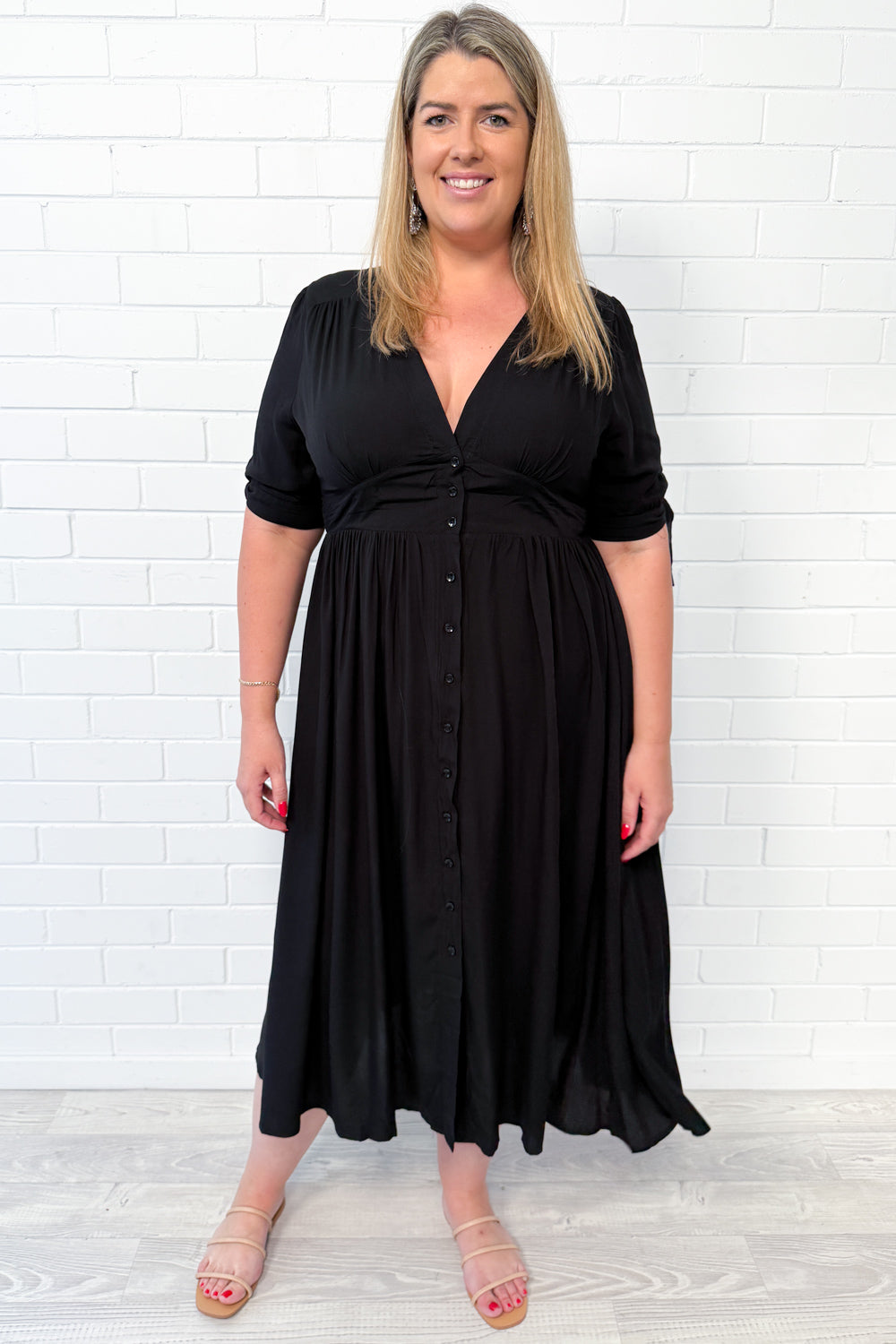 Black Empire Line Midi Dress Flattering Neckline