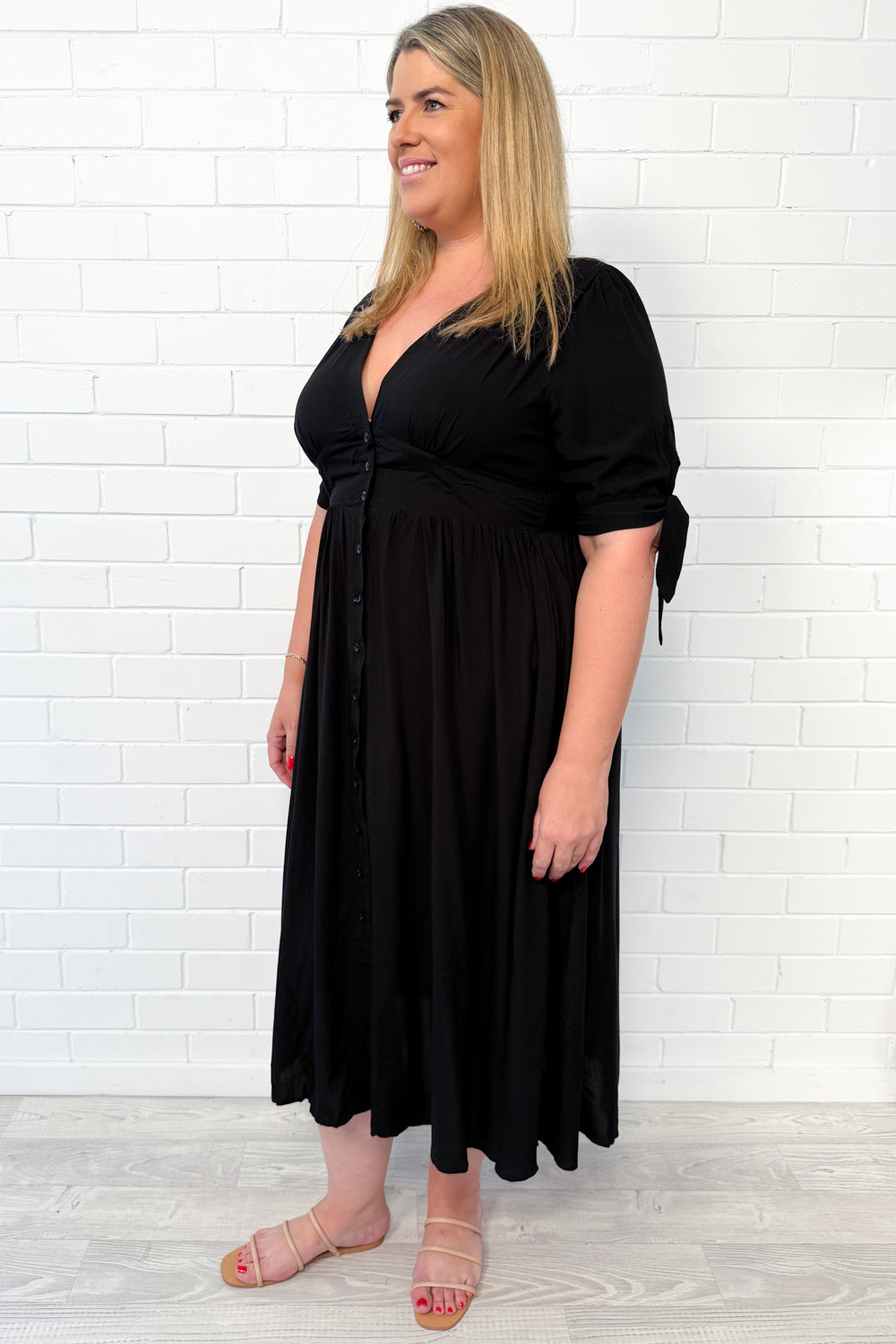 Black Empire Line Midi Dress Flattering Neckline
