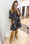 Ink Leaf Print Functional Button Pocket Dress