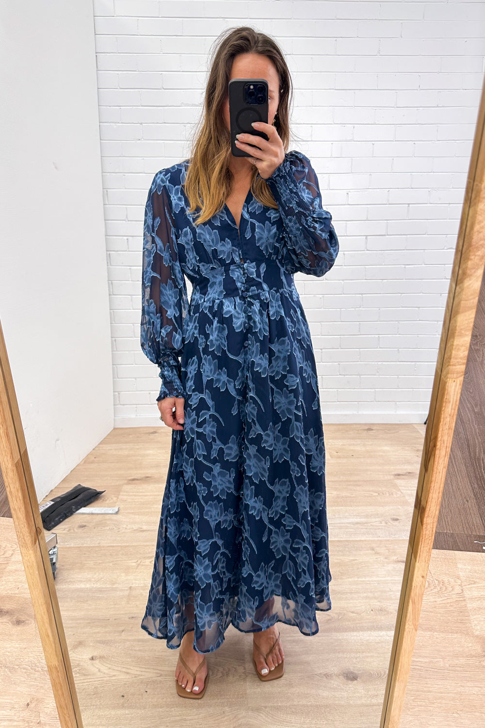Navy Blue Burnt Lace Dress Floaty Functional Clasp Bust