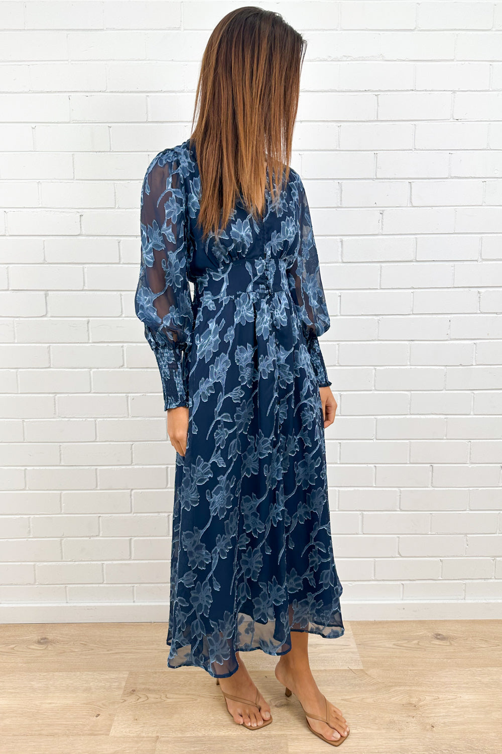 Navy Blue Burnt Lace Dress Floaty Functional Clasp Bust
