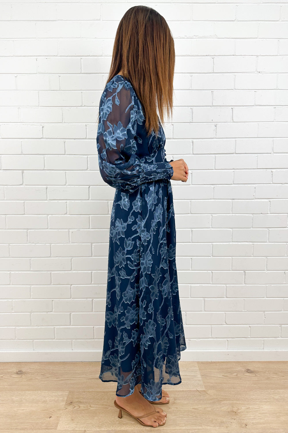 Navy Blue Burnt Lace Dress Floaty Functional Clasp Bust