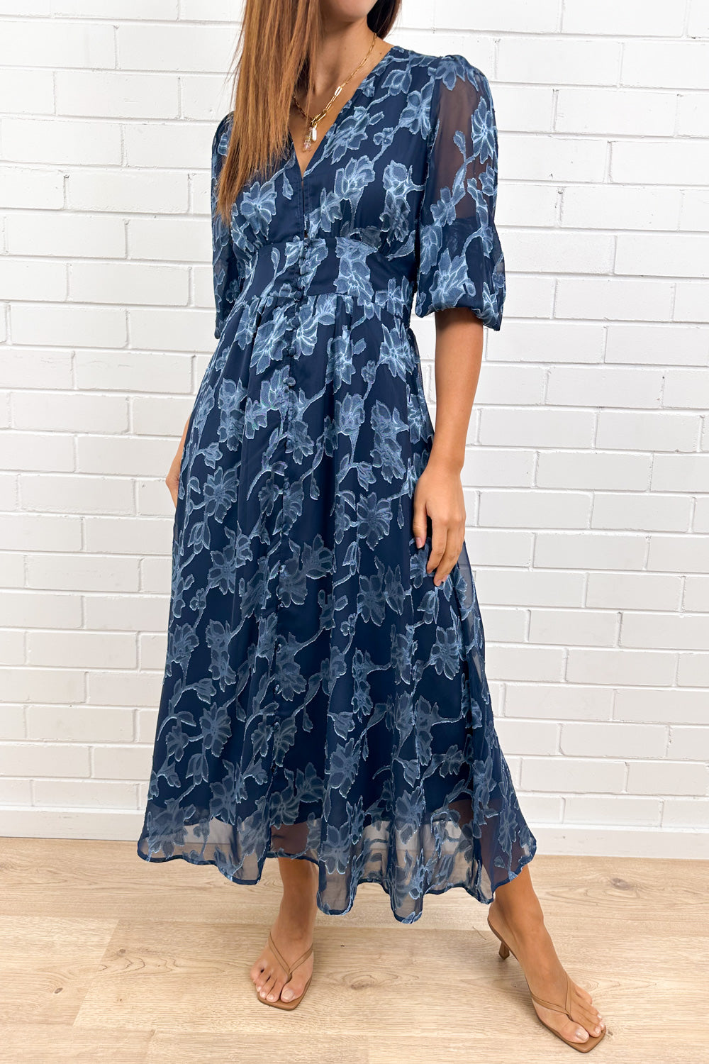 Navy Blue Burnt Lace Dress Floaty Functional Clasp Bust