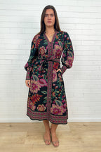 Noir Floral Sketch Belted Maxi Dress Long Sleeves