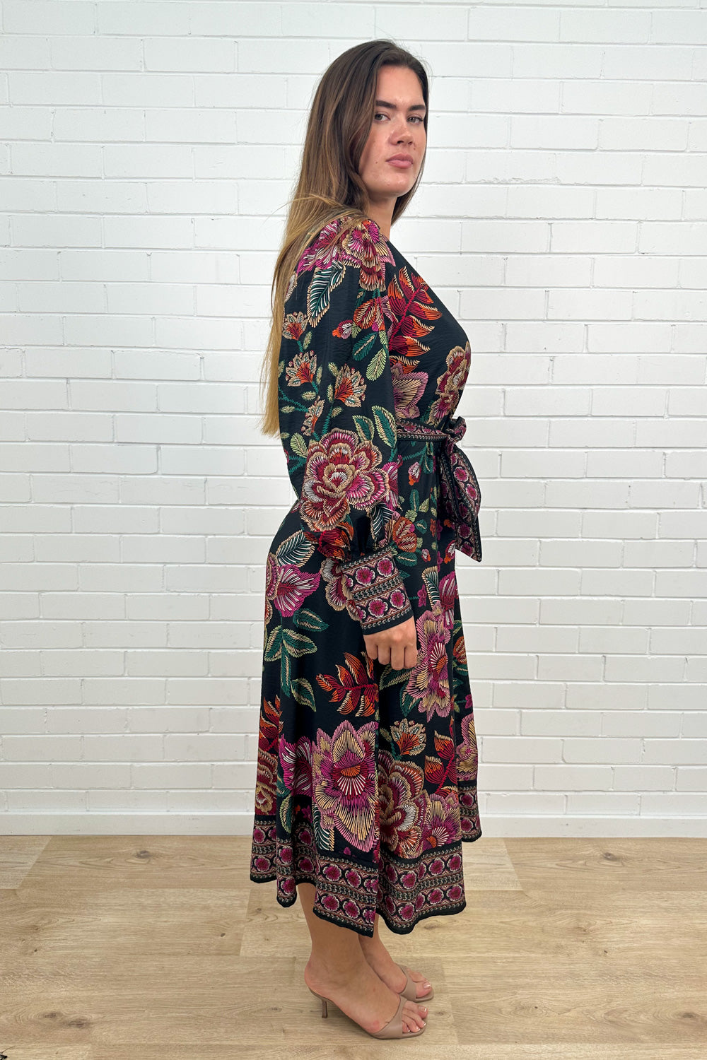 Noir Floral Sketch Belted Maxi Dress Long Sleeves