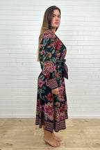 Noir Floral Sketch Belted Maxi Dress Long Sleeves