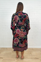 Noir Floral Sketch Belted Maxi Dress Long Sleeves