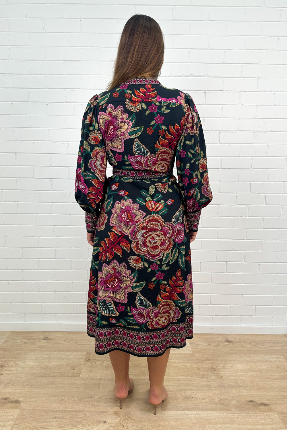 Noir Floral Sketch Belted Maxi Dress Long Sleeves