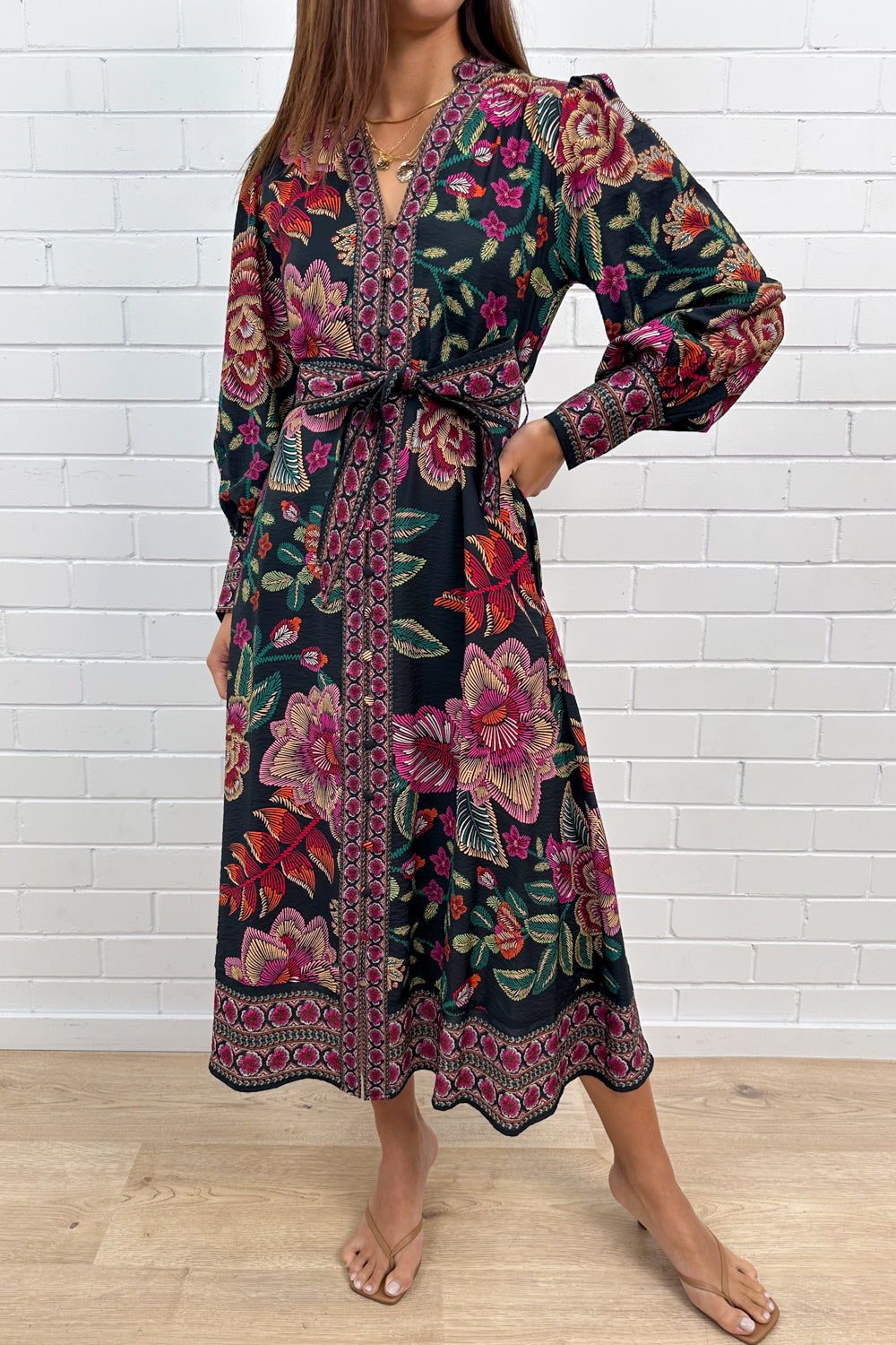 Noir Floral Sketch Belted Maxi Dress Long Sleeves