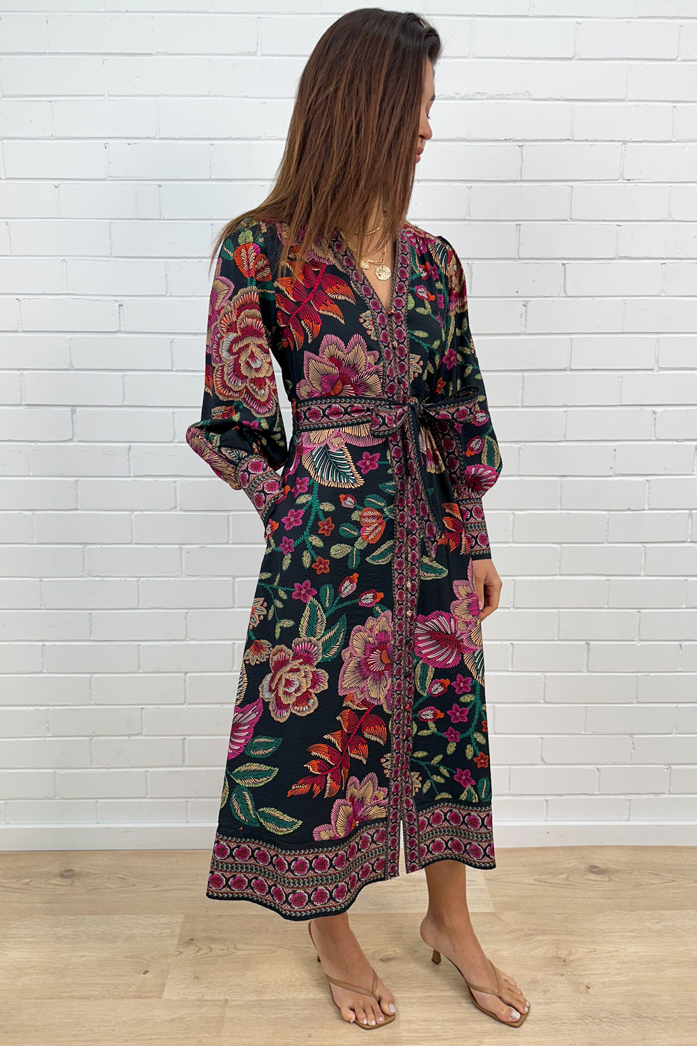 Noir Floral Sketch Belted Maxi Dress Long Sleeves