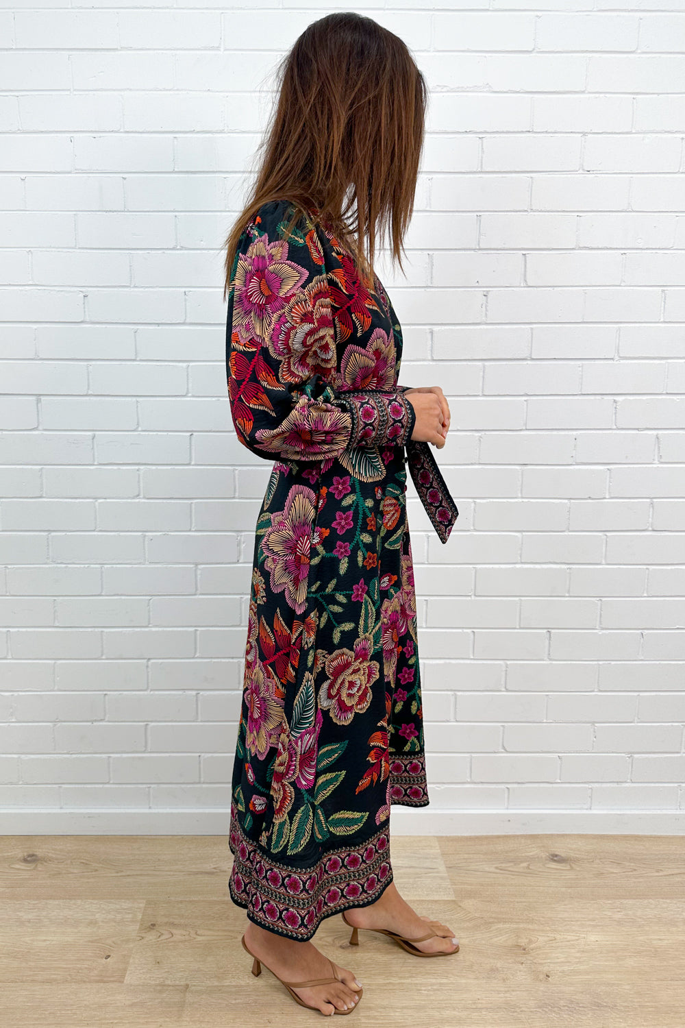 Noir Floral Sketch Belted Maxi Dress Long Sleeves