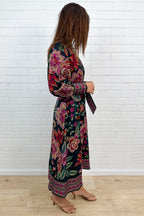 Noir Floral Sketch Belted Maxi Dress Long Sleeves