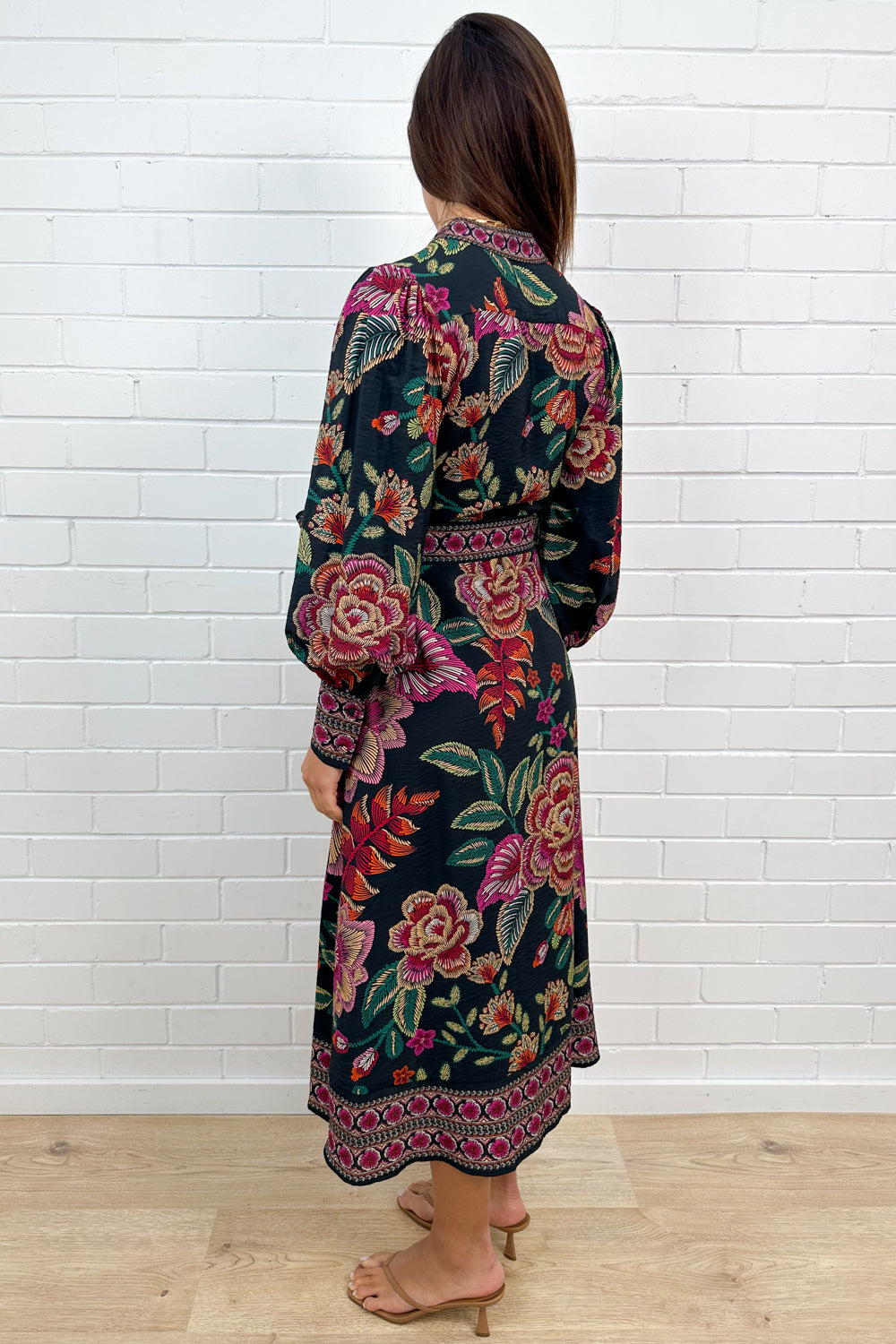 Noir Floral Sketch Belted Maxi Dress Long Sleeves