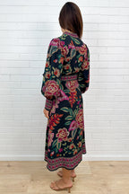 Noir Floral Sketch Belted Maxi Dress Long Sleeves
