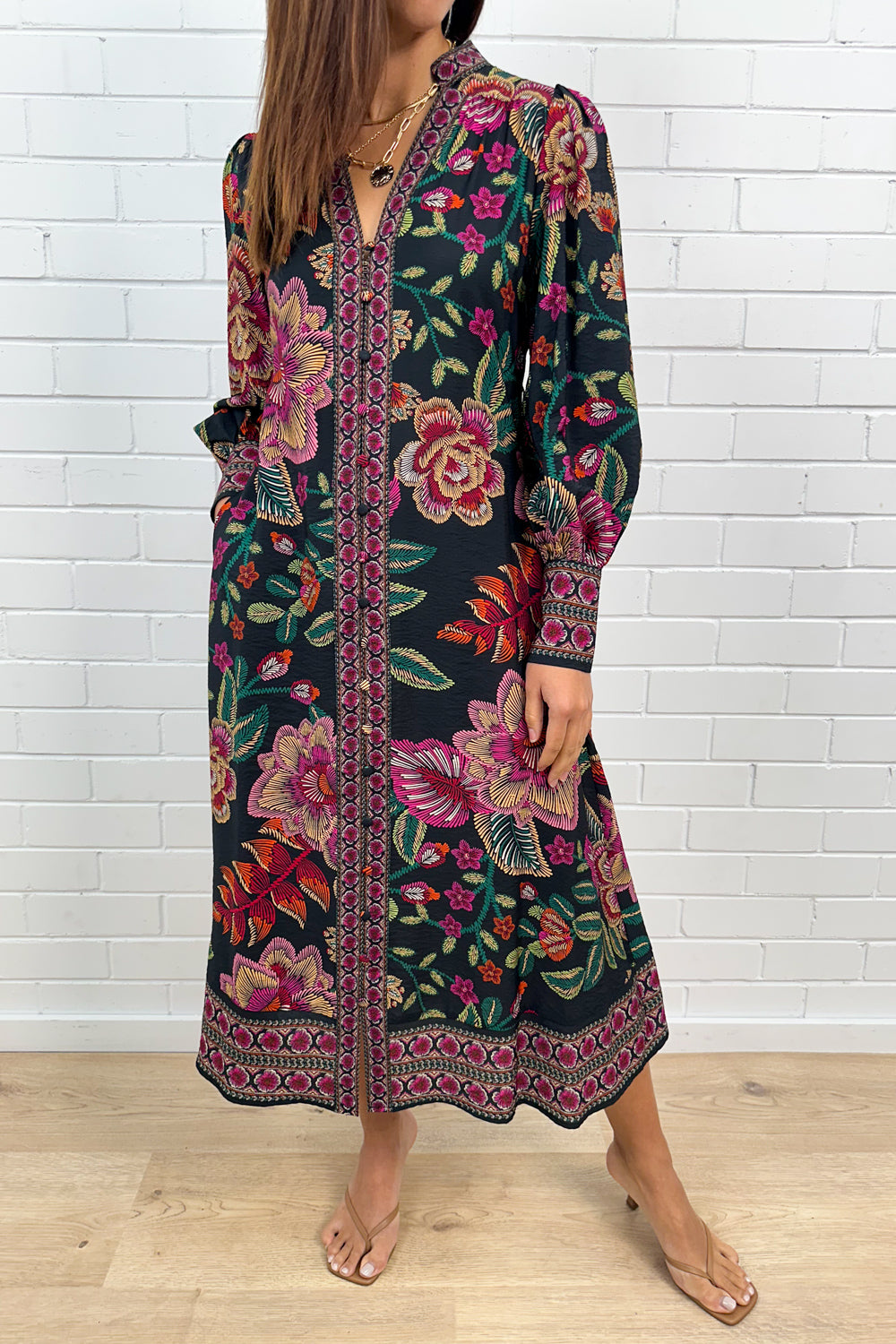 Noir Floral Sketch Belted Maxi Dress Long Sleeves