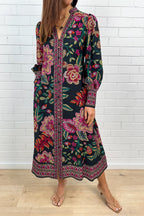Noir Floral Sketch Belted Maxi Dress Long Sleeves