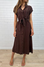Chocolate Contrast Stitch Button Dress with Pockets