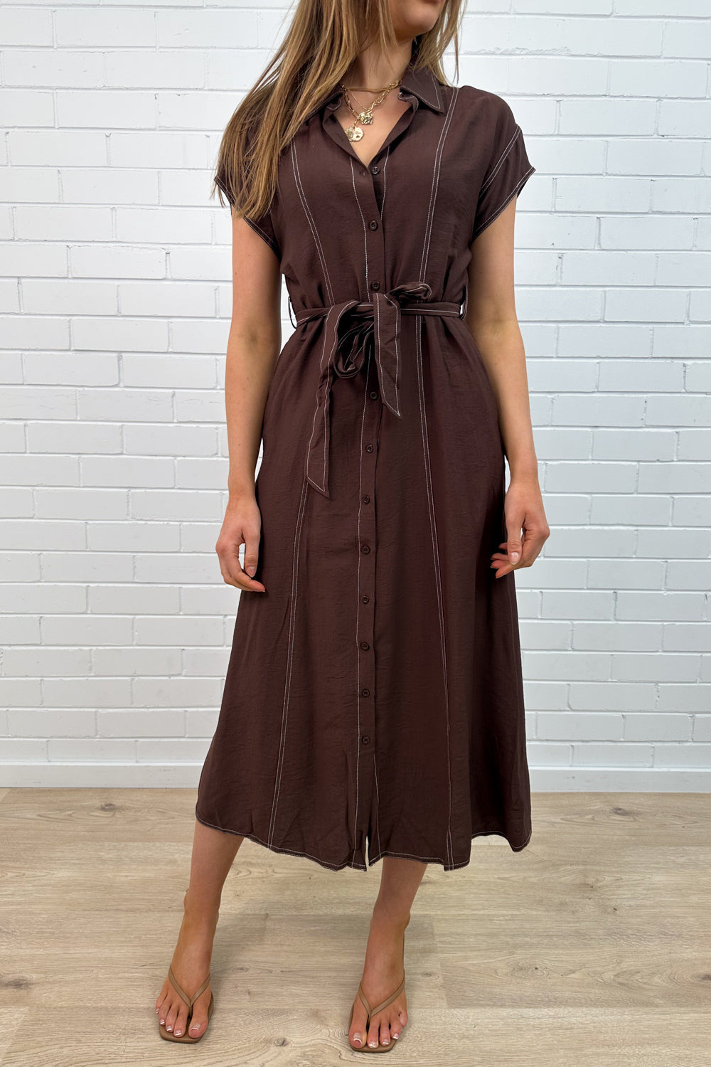Chocolate Contrast Stitch Button Dress with Pockets