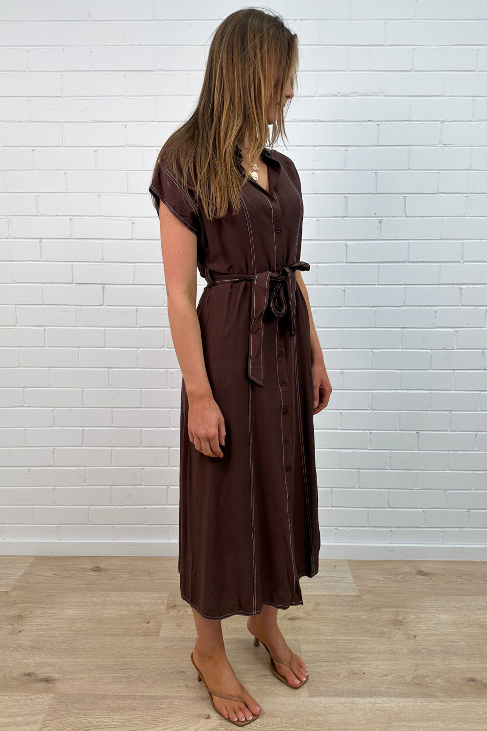 Chocolate Contrast Stitch Button Dress with Pockets