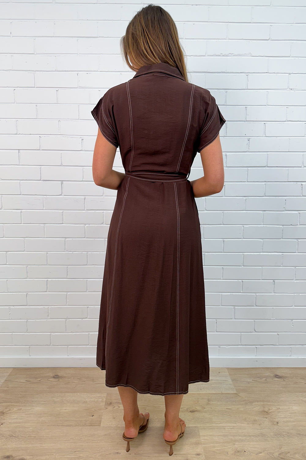 Chocolate Contrast Stitch Button Dress with Pockets