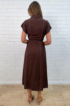 Chocolate Contrast Stitch Button Dress with Pockets