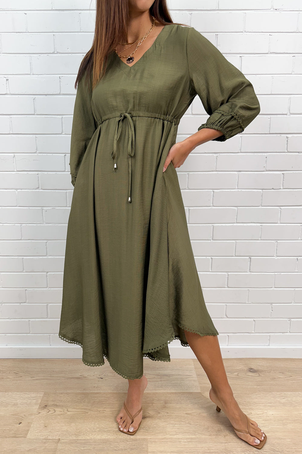 Khaki Loose Floaty Dress Lace Trim Non-Clinging Fit