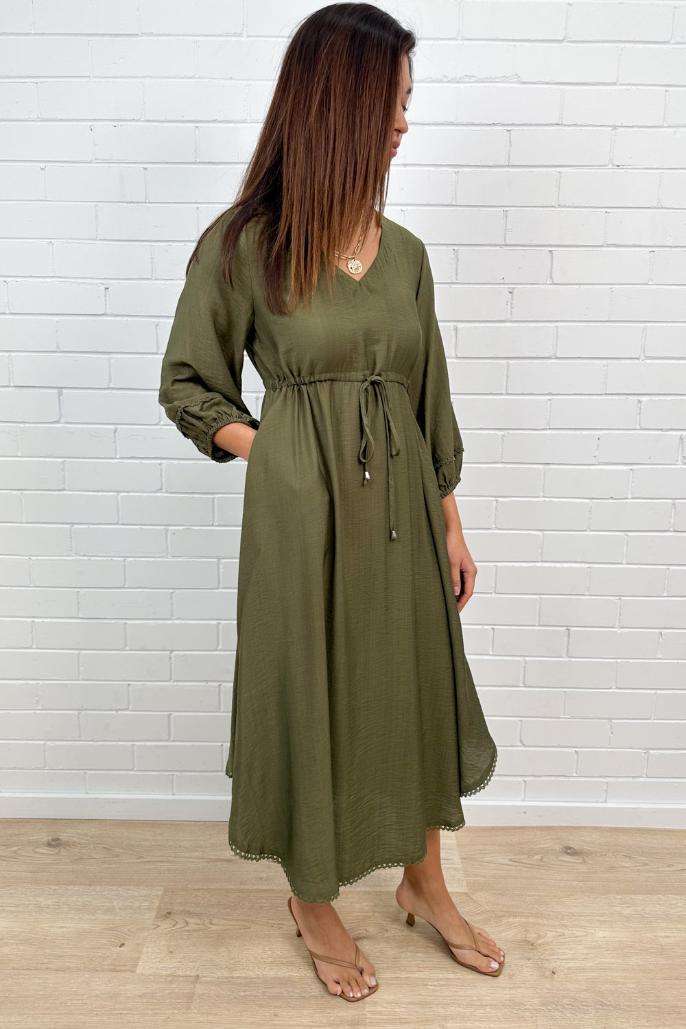 Khaki Loose Floaty Dress Lace Trim Non-Clinging Fit