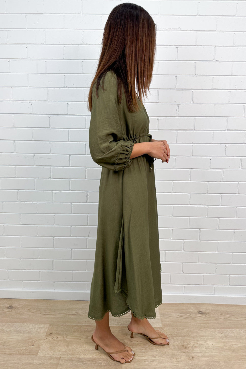 Khaki Loose Floaty Dress Lace Trim Non-Clinging Fit