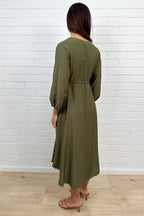 Khaki Loose Floaty Dress Lace Trim Non-Clinging Fit